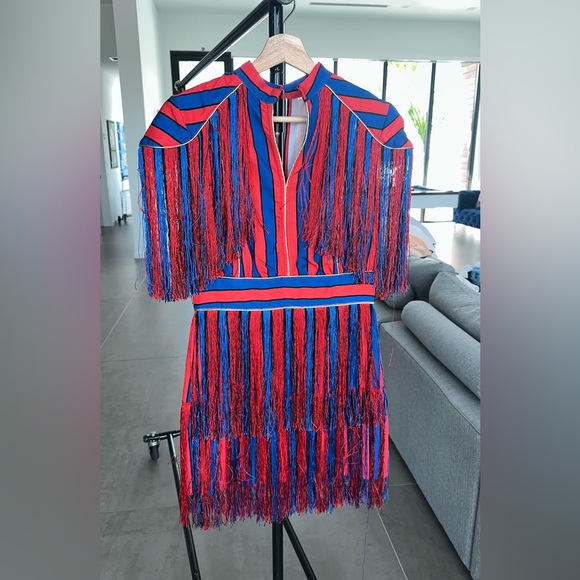 Striped Red and Blue Fringe tassel mini Dress - Picture 4 of 8
